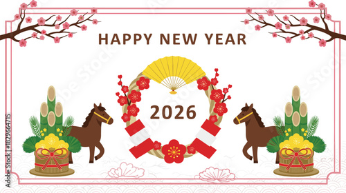 Happy New Year 2026 illustration with horses plum blossoms and bamboo decorations
