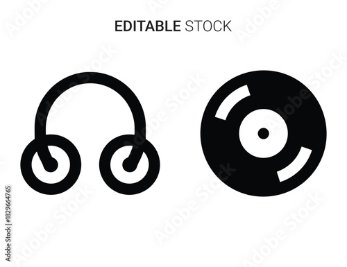 Beautiful silhouette vector of black outline icon set of headphone and vinyl record isolated on