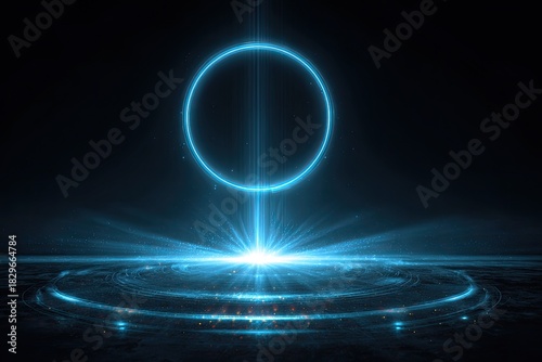 Glowing blue circle hovers above a platform, energy beam erupts, dark background
