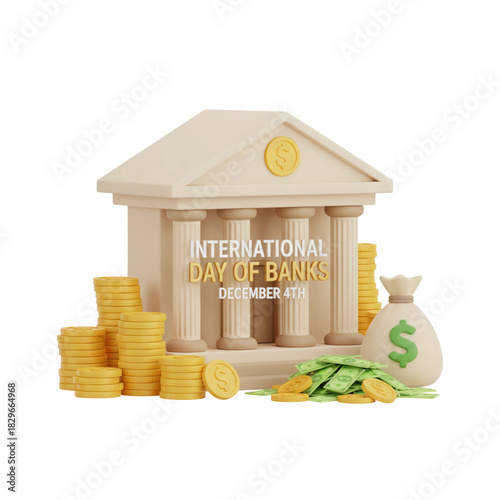 International Day of Banks celebration with money, coins, and bank building illustration