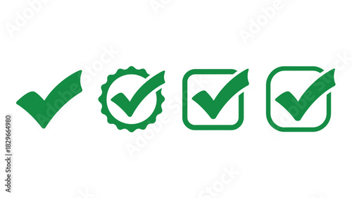 A row of four green check mark icons in different shapes against a white background in a vector image