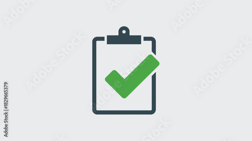 A clipboard with a green check mark indicating completion or approval on a light gray background scene