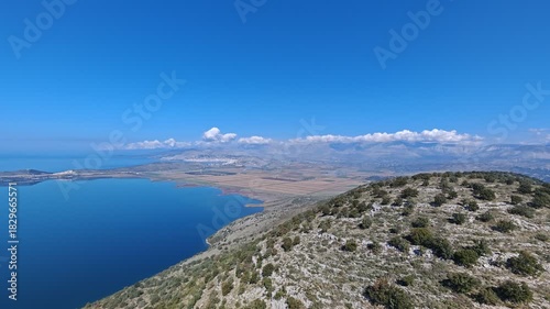 Stunning aerial view of Albania coastline, featuring crystal-clear blue waters, untouched sandy beaches, and natural coastal beauty