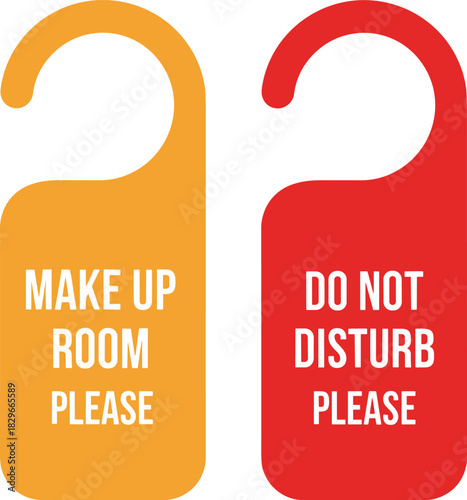 Two hotel door hangers one orange saying make up room please and one red saying do not disturb please