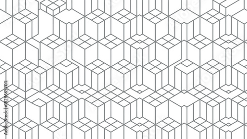 Geometric pattern with gray lines forming cubes and rectangular prisms on a white background design art