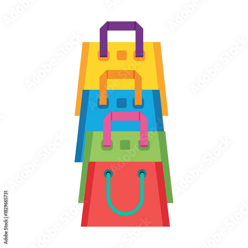 Colorful shopping bags stacked vertically with handles visible against a plain white background