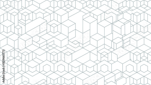 A white background filled with gray geometric shapes arranged in a complex isometric pattern design