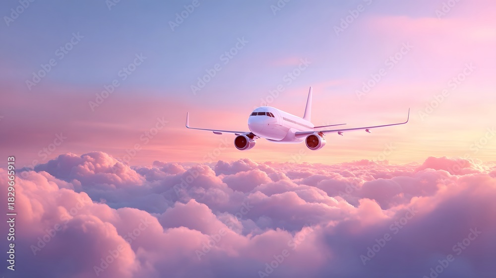 Obraz premium An elegant white passenger jet soars gracefully through the sky above a breathtaking landscape of fluffy clouds bathed in the warm hues of a sunset creating a scene of serene travel and wonder