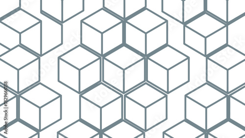 A seamless pattern with interconnected cubes outlined in gray on a white background creating depth illusion