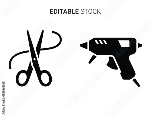 Beautiful silhouette vector of black silhouette icons of scissors and hot glue gun isolated on