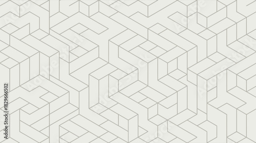 An abstract geometric pattern with interlocking shapes in shades of white and gray creating depth