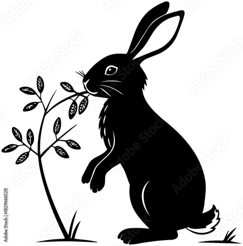 Rabbit Standing and Eating Leaves – Vector Illustration