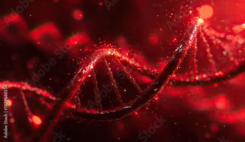 Glowing red DNA structure with particles, suggesting science, medicine, biology, genetics