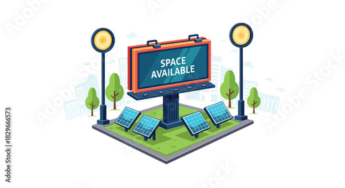 A digital billboard displaying 'space available' stands on a grassy area surrounded by trees and street lamps