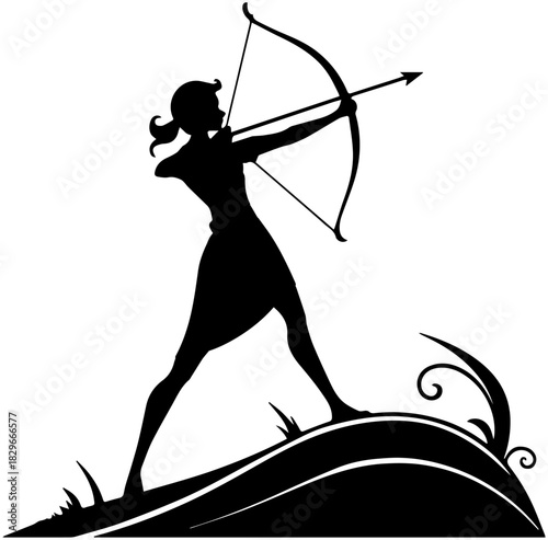 Archer Aiming Bow on Decorative Hill – Vector Illustration