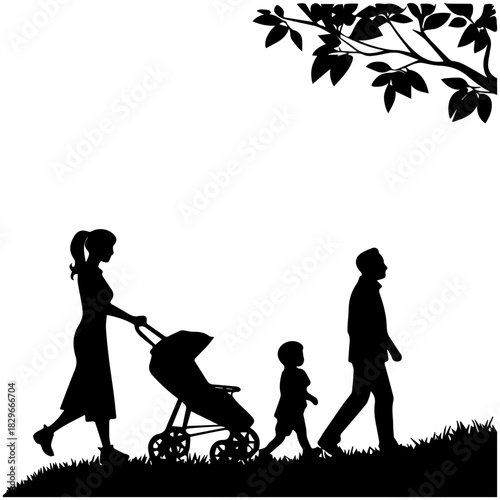 Family Walking Outdoors with Stroller – Vector Illustration