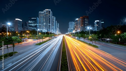 Capturing the exhilarating flow of urban life at night this image features vibrant light trails from traffic on a wide road set against a backdrop of towering