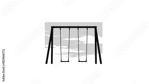A simple, black and white illustration of an empty swing set with two swings against a light sky.