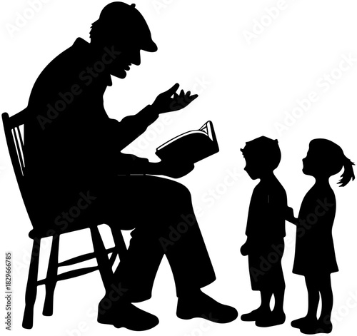 Person Reading Book to Children Silhouette – Vector Illustration