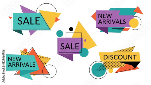 Collection of colorful geometric banners and labels for sale, discount, and new arrivals promotions.