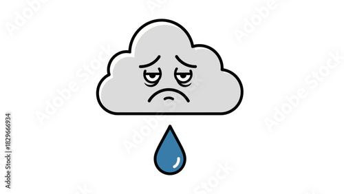 A sad cartoon grey cloud with a tear-like blue raindrop falling, depicting melancholy weather.