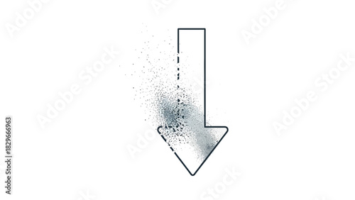 A downward-pointing arrow outline dissolving into a cloud of particles, symbolizing decay or disappearance.