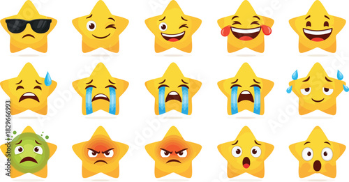 Cute cartoon star emoji vector illustration set with expressive faces for kids fun colorful emotion art
