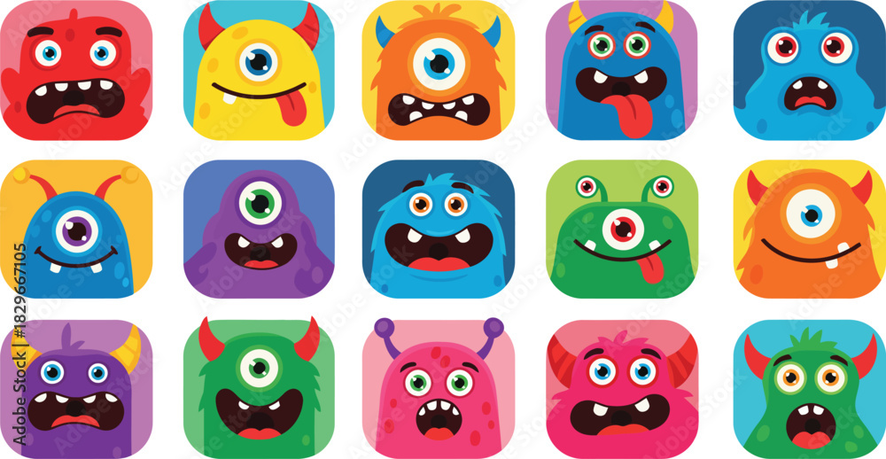 Fototapeta premium Cute cartoon monster faces vector illustration set with colorful expressions for kids fun fantasy art 