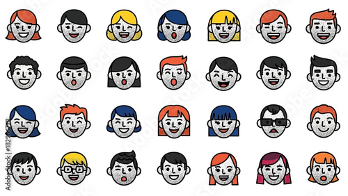 A collection of diverse cartoon headshot icons depicting various people with different hairstyles and expressions.