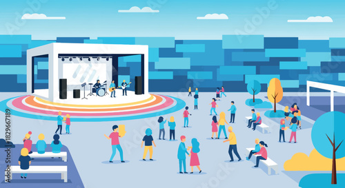 Vibrant Community Gathering at Outdoor Plaza with Diverse Group of People Socializing and Enjoying Music