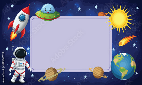 Cute cartoon space vector illustration with astronaut rocket planets sun and stars for kids cosmic art

