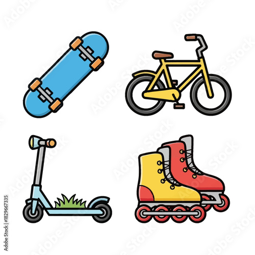 A vibrant collection of recreational wheeled vehicles including a skateboard, bicycle, scooter, and roller skates, depicted in a cartoon style.
