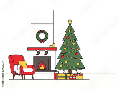 Illustration of a cozy Christmas scene with a decorated tree, fireplace with stockings, wreath, gifts, and a comfortable armchair.