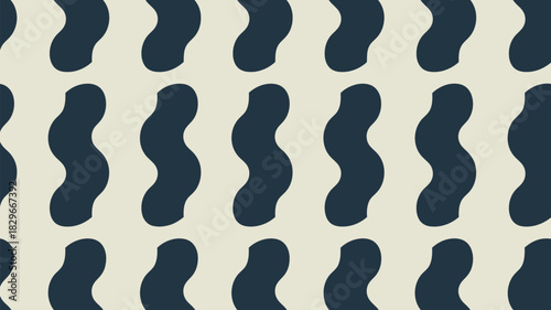 A repeating pattern of dark blue wavy shapes on a light beige background creating a simple design