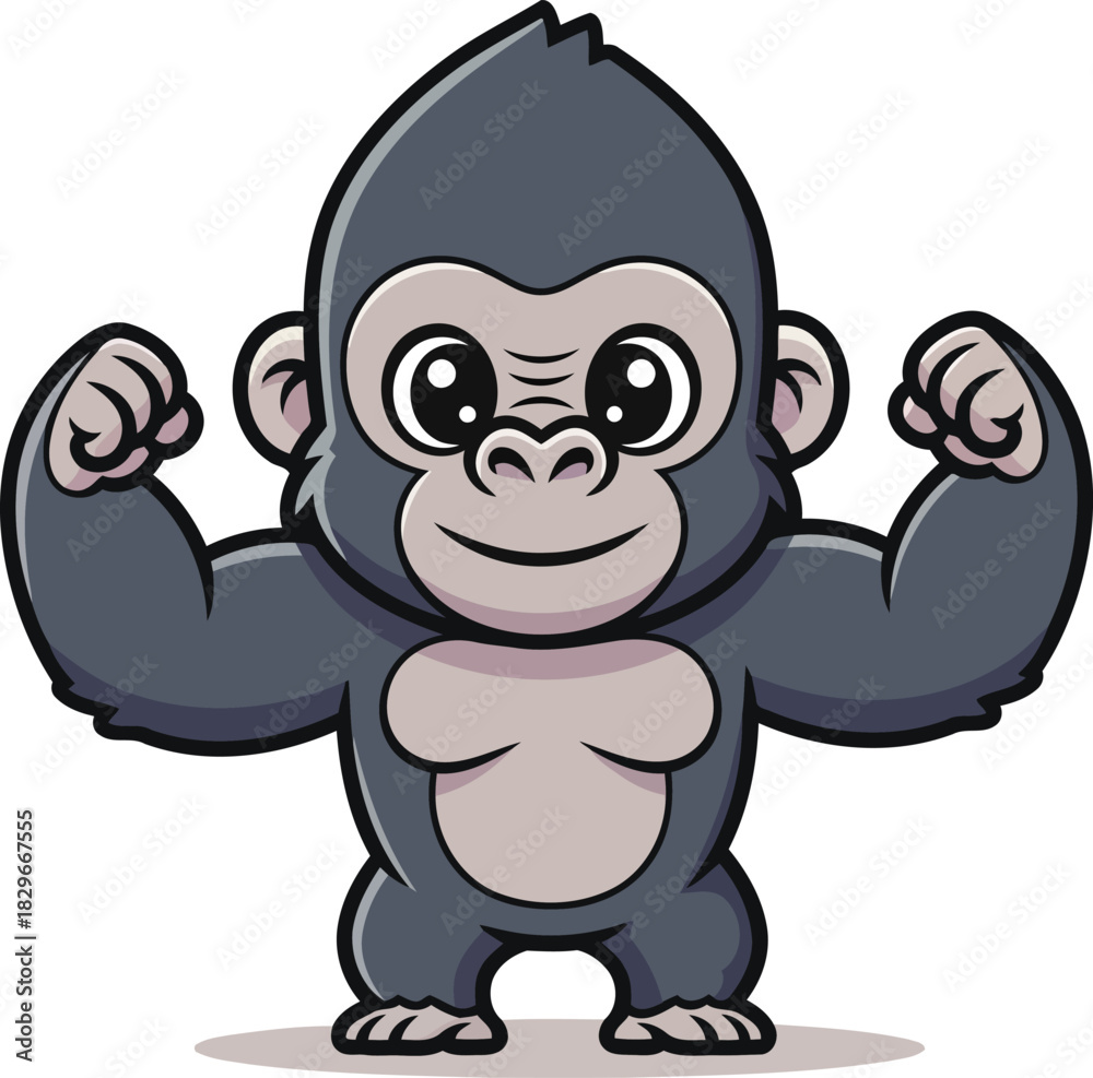 Fototapeta premium Cute cartoon gorilla vector illustration with strong pose for kids jungle animal art and fun design 