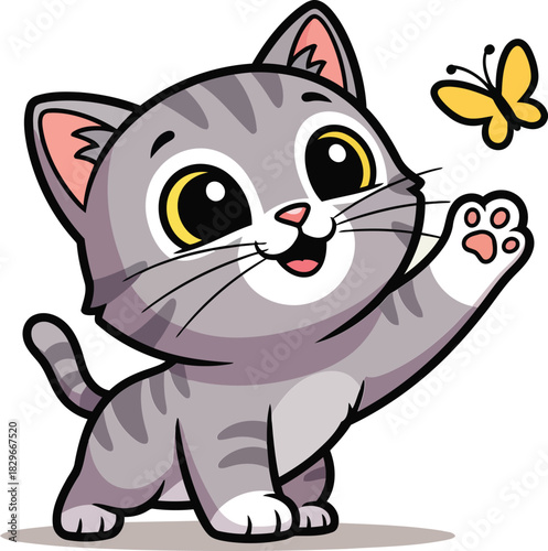 Cute cartoon kitten vector illustration with playful pose and butterfly for kids adorable animal art
