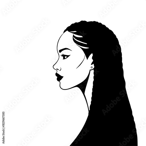 Contemporary flat-design silhouette of a woman with a gentle facial profile facing right, strong black outline that defines her features, long braided hair that flows behind her, with a few loose stra