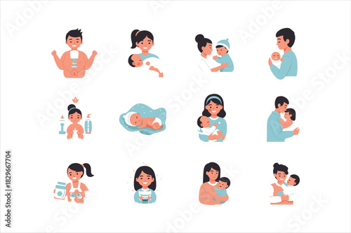 Collection of cute flat icon set for baby care and motherhood