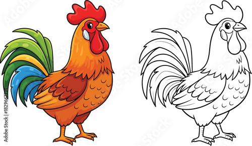 Cute cartoon rooster vector illustration with colorful and outline versions for kids farm animal art
