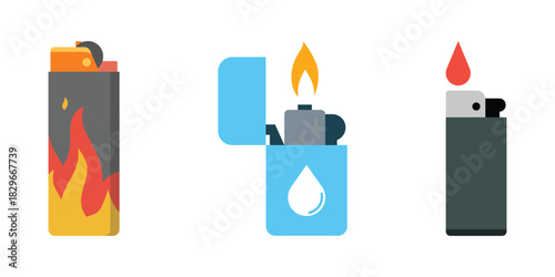 Collection of modern lighter icons in various styles including disposable, flip-top and refillable designs, featuring flames, fuel symbols and minimal graphics