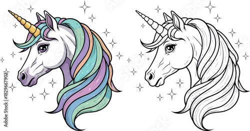Cute cartoon unicorn vector illustration with colorful and outline versions for kids fantasy design
