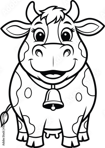 Cute cartoon cow vector illustration for kids coloring page with smiling face and bell character joy
