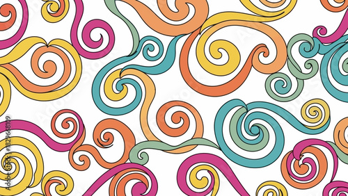 A vibrant, hand-drawn seamless pattern featuring an array of colorful, flowing swirls and organic curves on a clean white background, evoking a retro or playful aesthetic.