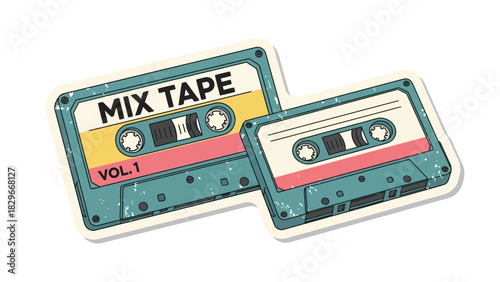 Two vintage-style cassette tapes, one labeled 'MIX TAPE VOL. 1', with a distressed retro design, on a white background.
