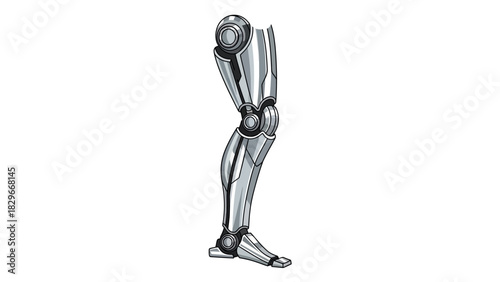 Detailed illustration of a futuristic bionic robot leg with metallic finish and articulated joints, isolated on a white background.