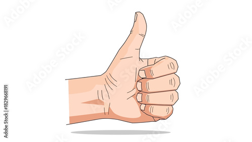 An illustrated human hand with light skin making a positive thumbs-up gesture on a plain white background, symbolizing approval and success.