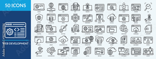 Web development icon set. Containing programing, setting, login, security, web hosting and more. Outline vector icons collection