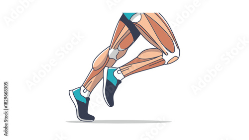 Detailed anatomical illustration of human legs in motion with visible muscles and bones, wearing athletic shoes, depicting running or exercise.
