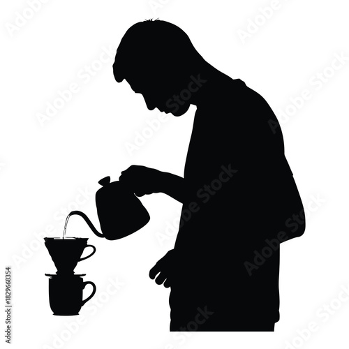Silhouette of a man pouring hot water into a coffee dripper, isolated on white background the dark figure stands against a bright backdrop