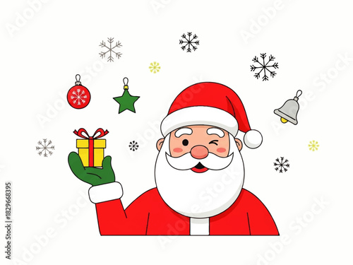 Cartoon depiction of Santa Claus winking and holding a small wrapped gift, surrounded by snowflakes, a bell, a star, and a Christmas ornament.